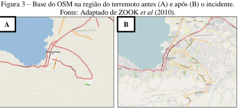 Figura 3  – Base do OSM na região do terremoto antes (A) e após (B) o incidente.  Fonte: Adaptado de ZOOK et al (2010)