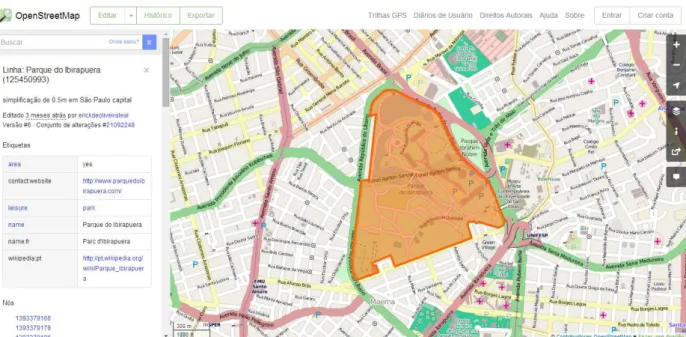 Figura 3:  Acesso aos dados da feição “Parque do Ibirapuera” no sistema OpenStreetMap