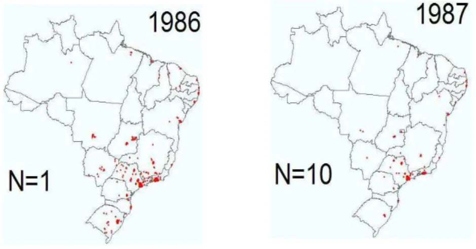 Figura 4 - Efeito de diferentes valores de N na distribuição dos casos de AIDS no  Brasil em 1986 e 1987