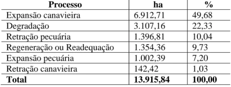 Tabela 10 – Processos de mudança de cobertura e uso da terra.  Processo ha  %  Expansão canavieira  6.912,71  49,68  Degradação 3.107,16  22,33  Retração pecuária  1.396,81  10,04  Regeneração ou Readequação  1.354,36  9,73  Expansão pecuária  1.002,39  7,