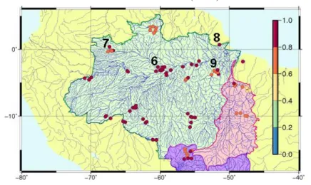 Figure 5 - Geographic distribution of correlation coefficient between GRACE Ewh  and limnimeter stations (ANA)