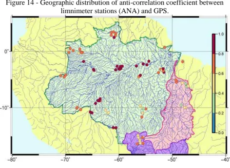 Figure 14 - Geographic distribution of anti-correlation coefficient between  limnimeter stations (ANA) and GPS