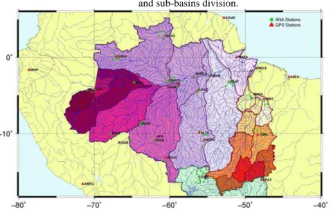 Figure 1 - Distribution of GPS stations (red), limnimeter stations (green) in basins  and sub-basins division