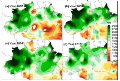Figure 2 - Accumulated precipitation in millimeters over the Amazon basin in 2007,  2008, 2009 and 2010