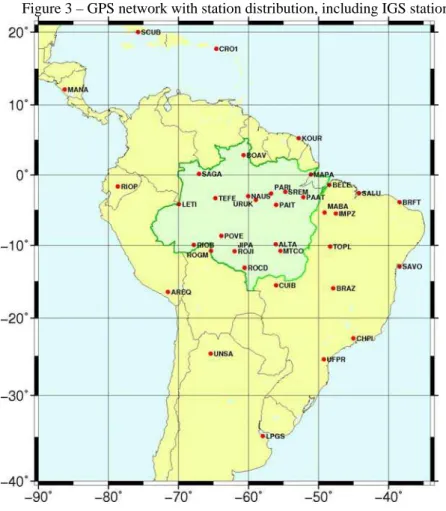 Figure 3 – GPS network with station distribution, including IGS stations. 