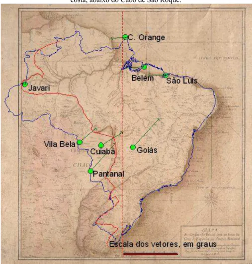 Figura 4 – Contorno atual do Brasil sobre o Mapa das Cortes. A outra linha contínua  refere-se às divisas acordadas no Tratado de Madri, em contraposição à linha de  Tordesilhas (tracejada)