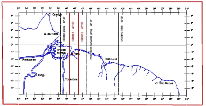 Figura 1 – Litoral norte do Brasil e diversas posições da Linha de Tordesilhas: segundo os mapas de  Cantino, Ribeiro, peritos de Badajós; todos eles em linhas tracejadas