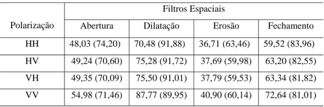 Tabela 4 – Coeficientes de correlação de Pearson para as imagens SAR de Porto de  Tubarão (banda L, polarizações HH, HV, VH e VV), realçadas com contraste linear 