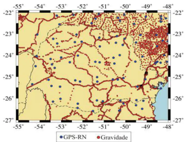 Figura 2 – Estações gravimétricas e GPS/RNs para a área de estudos. 