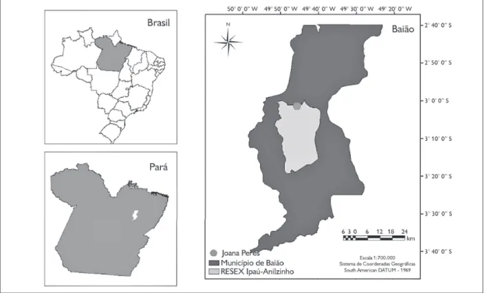 Figura 1. Mapa de localização da área de estudo na Reserva Extrativista Ipaú-Anilzinho, estado do Pará, Brasil