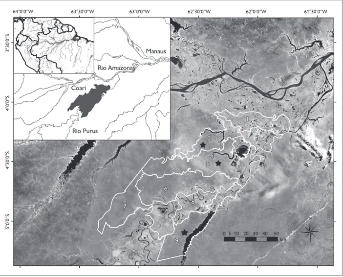 Figura 1. Mapa com localização geográfica da região do baixo rio Purus, representando a Reserva Biológica de Abufari (REBIO), as Terras  Indígenas (TI) e a Reserva de Desenvolvimento Sustentável Piagaçu-Purus (subdividida em setores): 1 - setor Caua-Cuiuan