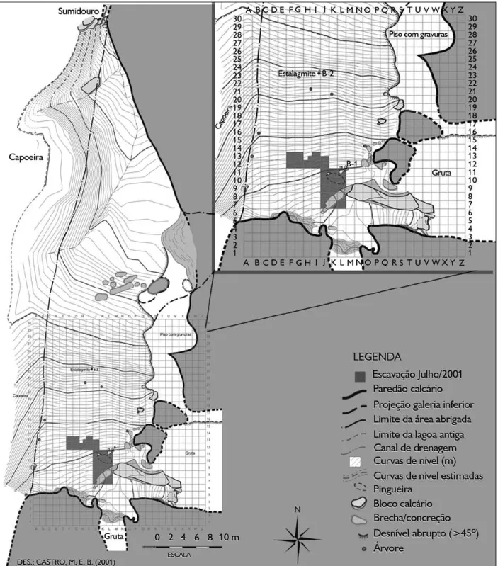 Figura 3. Planta baixa da área abrigada do sítio Lapa do Santo, com o gradeamento espacial para a localização das unidades de escavação