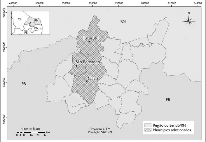 Figura 1. Localização dos ‘profetas da chuva’ do Seridó potiguar. Mapa elaborado por Manoel Cirício Pereira Neto, 2013.
