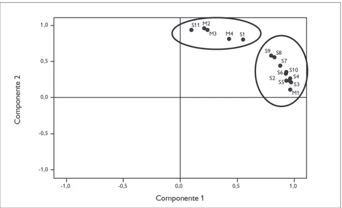 Figura 8. Gráfico da análise estatística por PCA para as peroleiras e fragmentos analisados, mostrando os dois componentes principais  (PC1 e PC2)