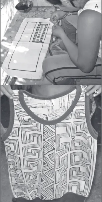 Figura 4. Panos de algodão para o comércio (A) e roupas de uso  cotidiano com grafismos pintados (B)