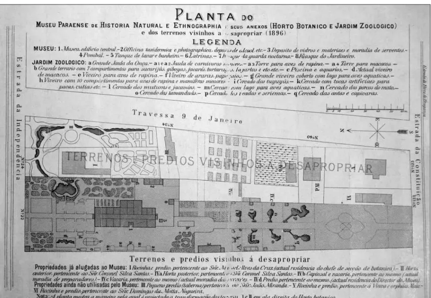 Figura 8. Planta do Museu Paraense de História Natural e Etnografia e seus anexos (Horto Botânico e Jardim Zoológico) e dos terrenos vizinhos a desapropriar (1896)