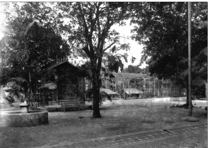 Figura 14. À esquerda, por detrás do poço, uma das gaiolas de ferro francesas, destinadas ao abrigo de tucanos e papagaios