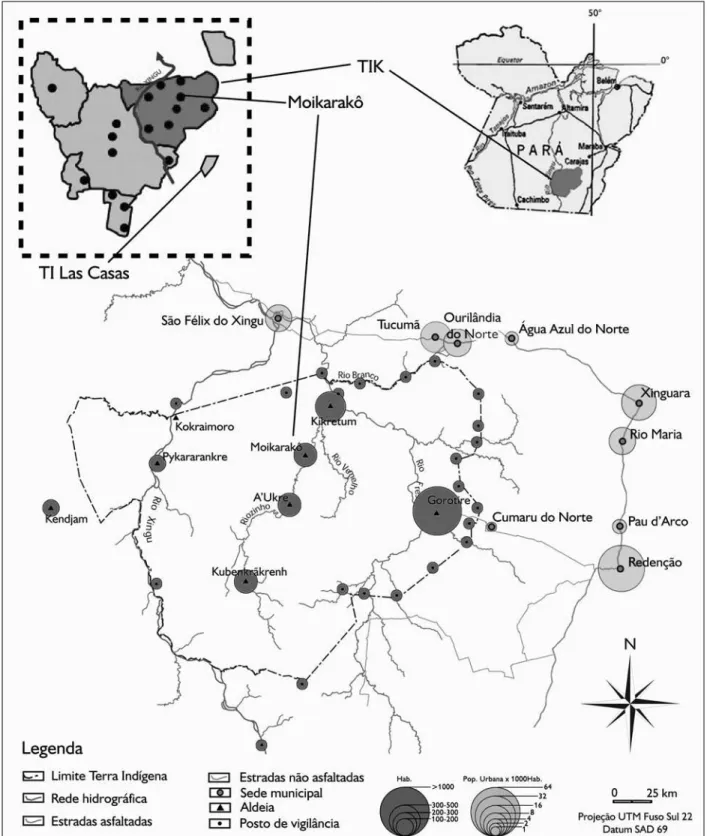 Figura 1. Localização da aldeia Moikarakô, na TI Kayapó, e da TI Las Casas, no conjunto das Terras Indígenas habitadas pelos Mebêngôkre