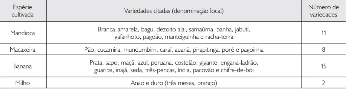 Tabela 3. Espécies e suas variedades cultivadas na roça, segundo denominação local, nas comunidades Novo Paraíso e Nova Aliança, no  município de Benjamin Constant, estado do Amazonas, Brasil