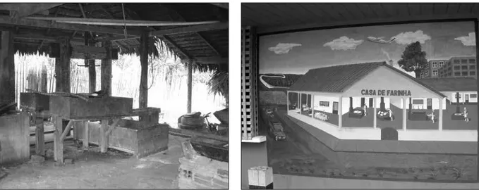 Figura 15. A ‘família do banco’. Foto: Lucia Hussak van Velthem. Figura 16. Pintura de uma casa de farinha ‘moderna’ em Cruzeiro  do Sul