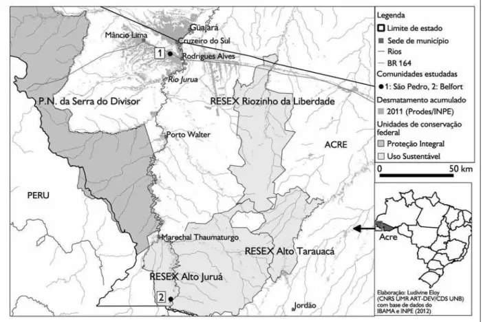 Figura 3. Localização das comunidades estudadas no alto rio Juruá (Acre). Mapa: Ludivine Eloy.A pesquisa foi realizada no âmbito de um projeto 