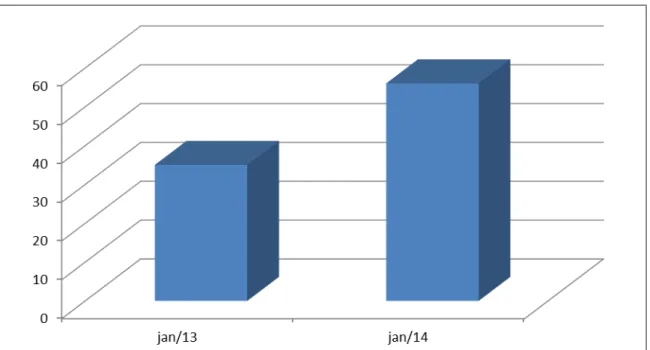 Gráfico  1:  Comparativo  de  utilização  dos  equipamentos  de  acessibilidade  em  janeiro de 2013 e 2014