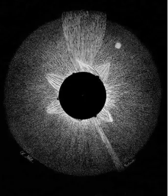 Figura 1. A coroa solar durante a totalidade do eclipse de 1858, em  ilustração feita por Yan d’Argent a partir dos esboços de Emmanuel  Liais