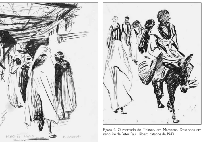 Figura  4.  O  mercado  de  Meknes,  em  Marrocos.  Desenhos  em  nanquim de Peter Paul Hilbert, datados de 1943.