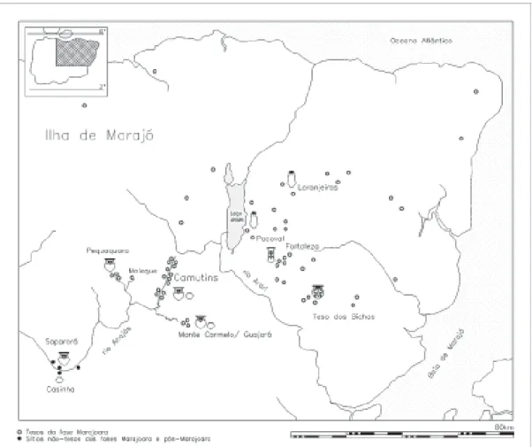 Figura 1. Mapa da ilha de Marajó com a localização dos principais sítios arqueológicos da fase Marajoara e seus estilos distintivos.