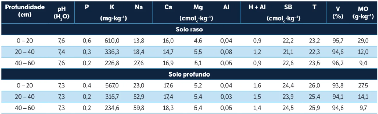 Tabela 1. Características químicas dos solos raso e profundo antes do plantio em três profundidades de coleta: 0 – 20, 20 – 40 e 40 – 60 cm.