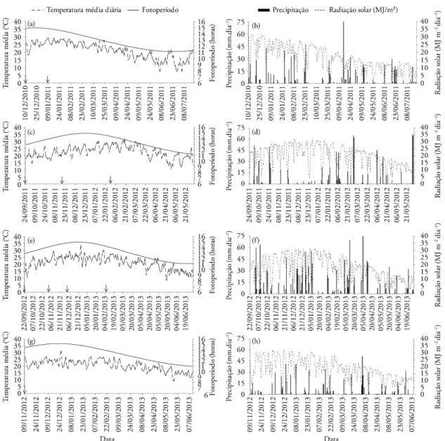 Figura 1. Temperatura média do ar (ºC) e fotoperíodo diários (horas) ((a), (c), (e) e (g)), e precipitação (mm dia –1 ) e densidade de fluxo de 