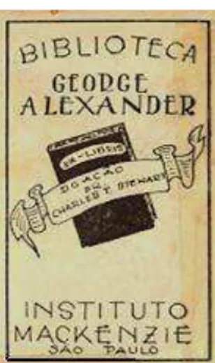 Figura 10  –  ex-líbris da Biblioteca George Alexander – Doação Charles T. Stewart                                         Fonte: Acervo documental - Centro Histórico e Cultural Mackenzie 