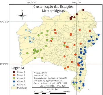 Figura 3. Agrupamento das zonas pluviometricamente homogêneas  da Bahia. 45º0’0’’W 40º0’0’’WLegendaClister 010º0’0’’SProjeção UTMDatum SAD 69