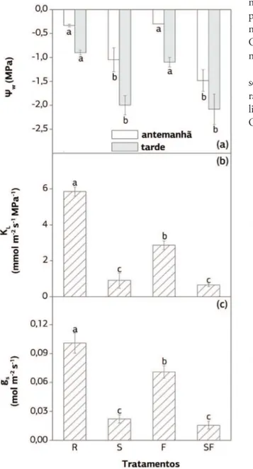 Figura 2. Potencial da água na folha (Ψ w , em a), condutância  hidráulica da planta (k L , em b), e condutância estomática (g s ,  em c) de plantas de cana-de-açúcar IACSP94-2094 submetidas a  tratamentos com temperatura do substrato de 25 ºC e sem irriga