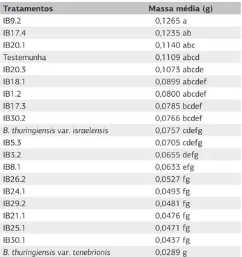 Tabela 4. Mortalidade média de larvas de S. levis submetidas  aos tratamentos com isolados de B