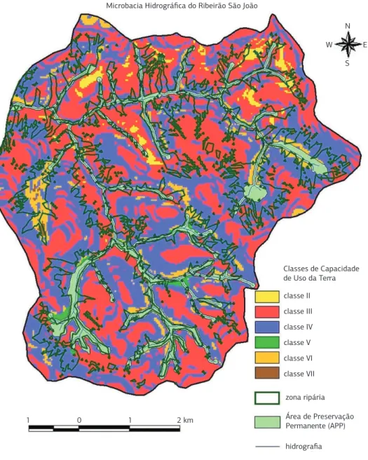 Tabela 1. Classes de capacidade de uso, zona ripária e APP da  microbacia do Ribeirão São João, Mineiros do Tietê (SP) 