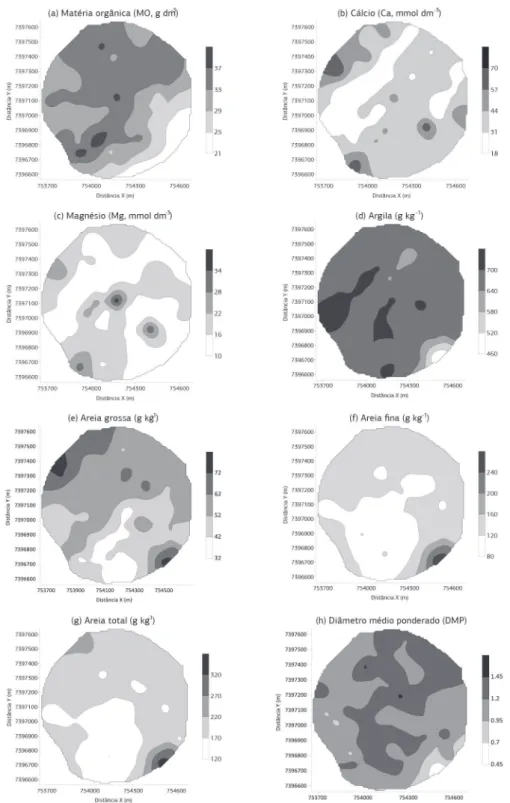 Figura 3. Mapas de variabilidade espacial para os atributos físicos e químicos relacionados com a estabilidade de agregados em Angatuba (SP).