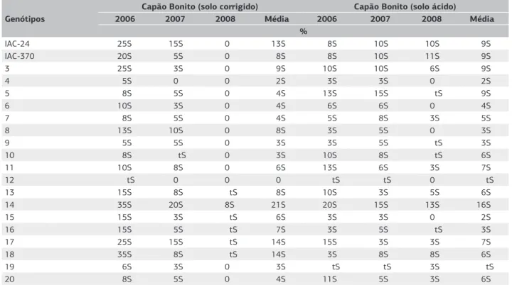 Tabela 6. Graus médios de infecção de ferrugem-da-folha ( 1 ) dos 20 genótipos de trigo avaliados em Capão Bonito, em condição de solo  corrigido e solo ácido, no período 2006 a 2008