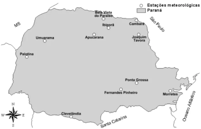 Figura  1.  Localização  geográfica  das  estações  meteorológicas  localizadas no Estado do Paraná e utilizadas no estudo.