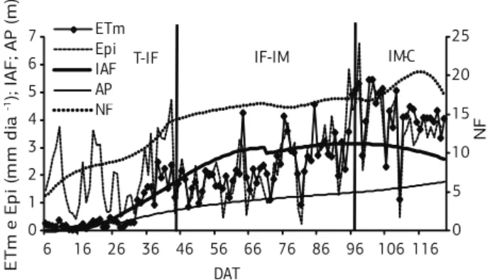Figura 2. Evapotranspiração máxima (ETm), índice de área foliar  (IAF), altura de plantas (AP) e número de folhas (NF) do tomateiro  e evaporação medida no evaporímetro de Piche (Epi), em função  dos dias após o transplante (DAT), em estufa plástica na pri