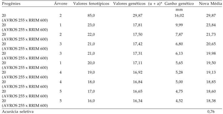 Tabela 3 . Valores fenotípicos, genéticos aditivos, ganhos genéticos preditos e nova média da população, das 10 melhores progênies para o caráter diâmetro (mm) de seringueira, no Município de Dois Irmãos do Buriti (MS)