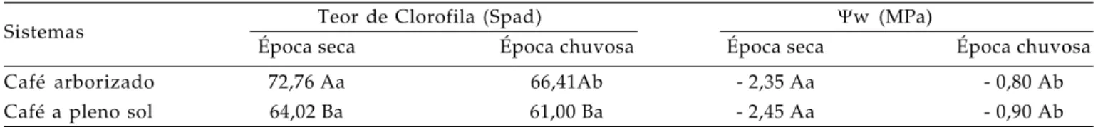 Tabela 1.  Teor de clorofila e potencial hídrico foliar (Ψw) avaliados em cafezais (Coffea arabica L.) mantidos a pleno sol e associados com grevíleas (Grevillea robusta), na época seca (outubro de 2006) e chuvosa (março de 2007)