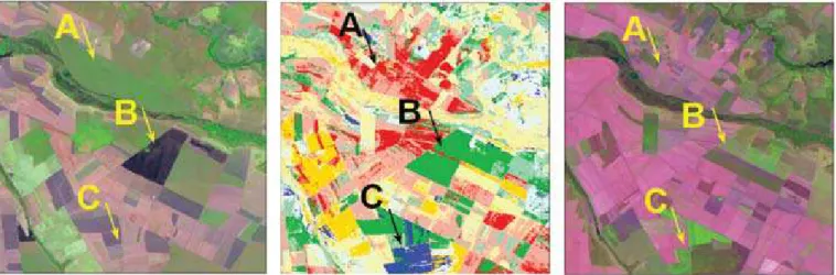 Figura 6.  a) e c) Imagens TM/Landsat; composição R(5)G(4)B(3); datas de aquisição: 19/06/1985 (a) e 19/05/1991 (c)