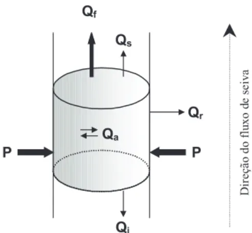 Figura 1. Representação esquemática do princípio de funcionamento do método do balanço de calor, em que P é o calor aplicado ao sensor; Q s  e Q i  são os fluxos axiais de calor para cima e para baixo do sensor respectivamente; Q r  é o calor dissipado rad