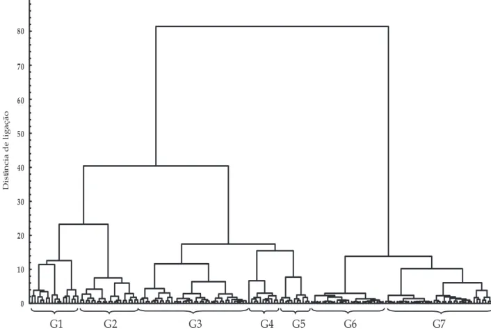 Figura 1. Dendrograma de classificação das amostras de solo em sete grupos em função dos teores de Argila, Silte,C org ., T, Fe e Mn