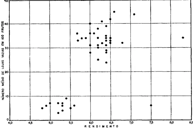 FIGURA 2. — Relação entre o rendimento e o número médio de lojas vazias em plantas das  progenies P 381, P 386 e P 387 de café Mundo Novo, em Campinas