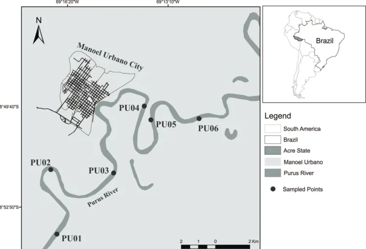 Figure 1. Map showing the geographic location of Manoel Urbano and the sampling points along the Purus River