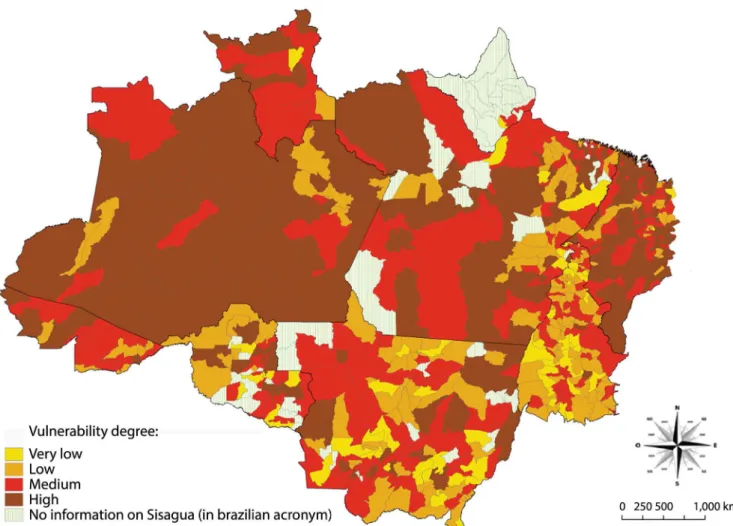 Figure 5. Vulnerability map constructed for Legal Amazon. Image shows degree of vulnerability according to the parameters inserted on Sisagua