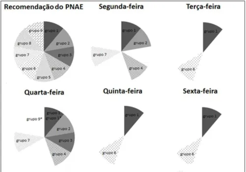Figura 1. Grupos de alimentos propostos no Guia Alimentar da População Brasileira, de 2005, segundo recomendação do Programa Nacional  de Alimentação Escolar, encontrados nas preparações presentes, de acordo com os dias da semana, no cardápio planejado pel