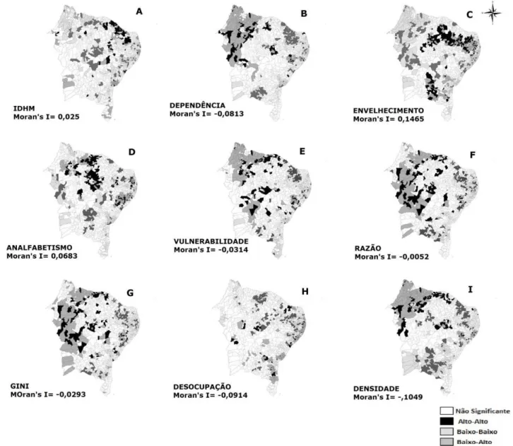 Figura 3. Moran bivariado LISA (Moran’s I) entre as Taxas de Mortalidade Padronizada por Suicídio e as variáveis socioeconômicas dos  municípios do Nordeste do Brasil